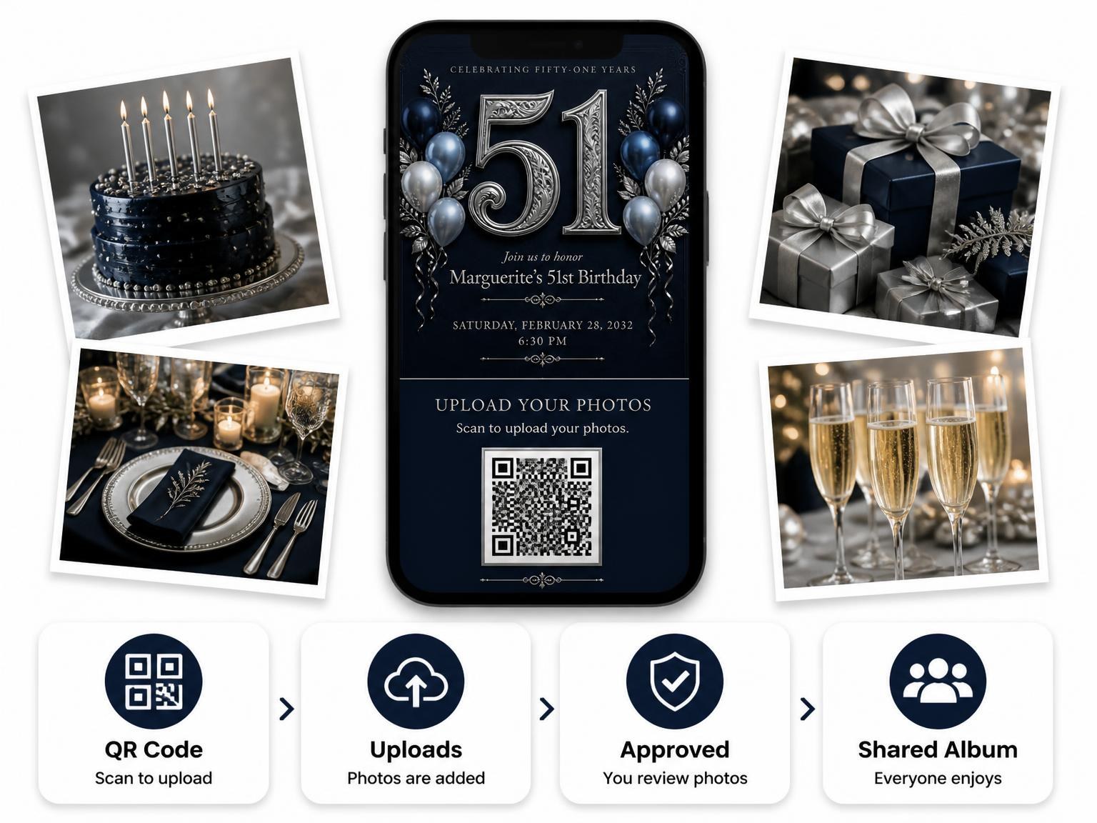 The shared photo gallery that comes with the Navy and Silver 51st Birthday Invitation invitation