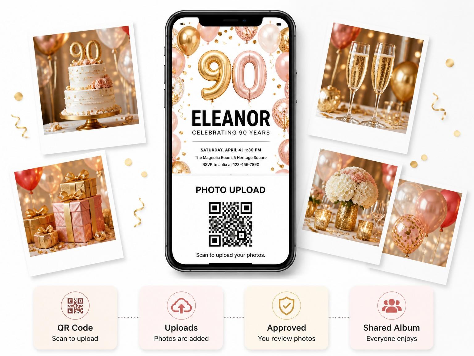 The shared photo gallery that comes with the Gold Rose Balloon 90th Birthday invitation