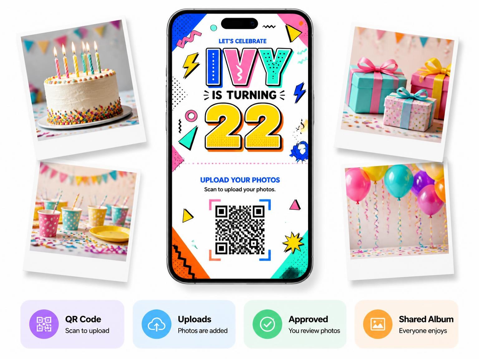The shared photo gallery that comes with the Memphis Pop 22nd Birthday Invitation invitation