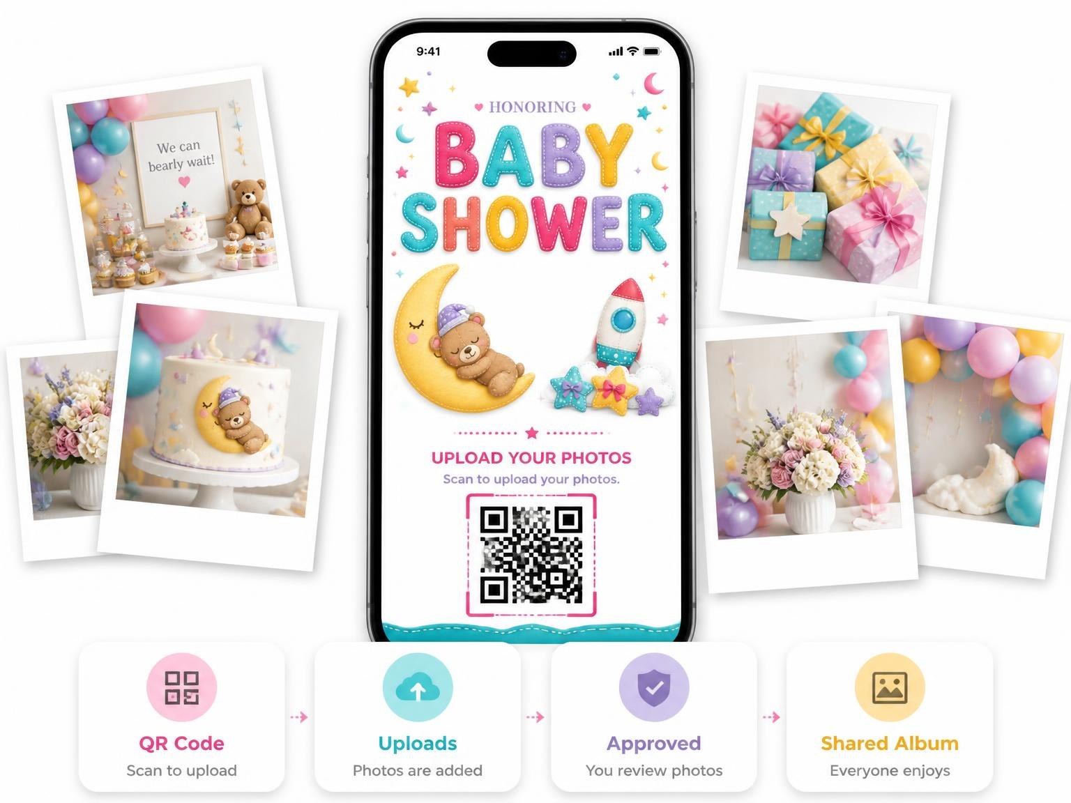 The shared photo gallery that comes with the Pink Space Baby Shower Invitation invitation