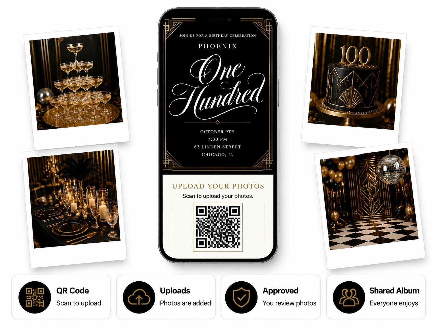 The shared photo gallery that comes with the Art Deco 100th Birthday Invitation invitation