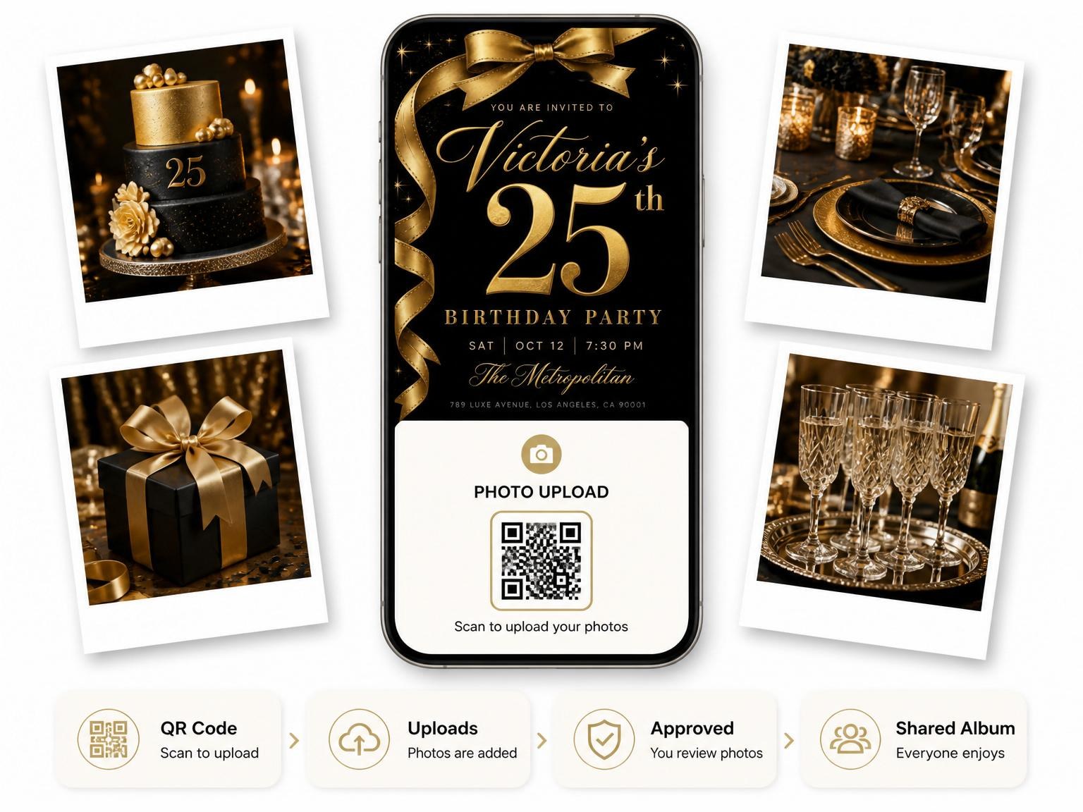 The shared photo gallery that comes with the Gold Satin Ribbon 25th Birthday invitation