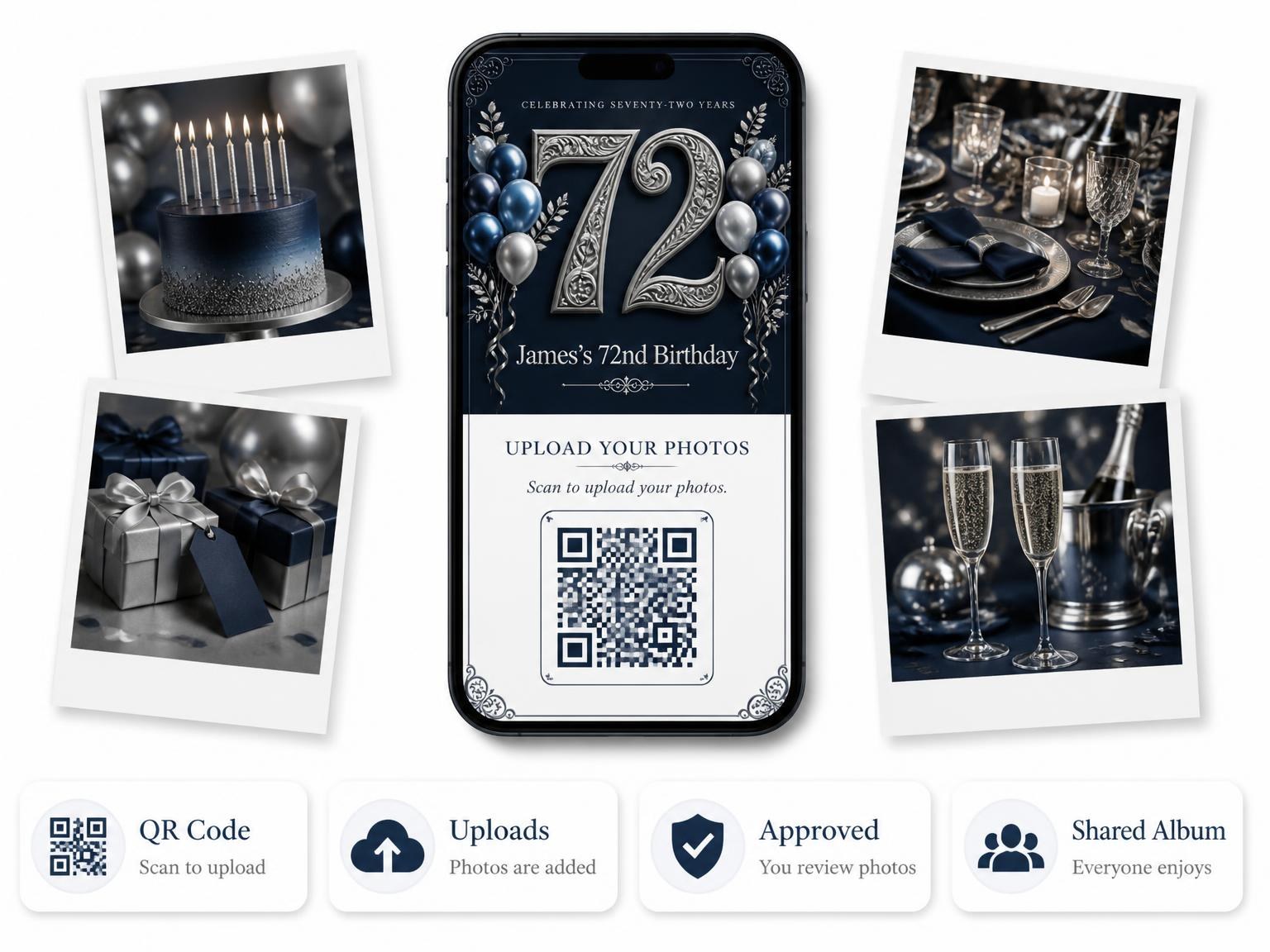 The shared photo gallery that comes with the Navy and Silver 72nd Birthday Invitation invitation