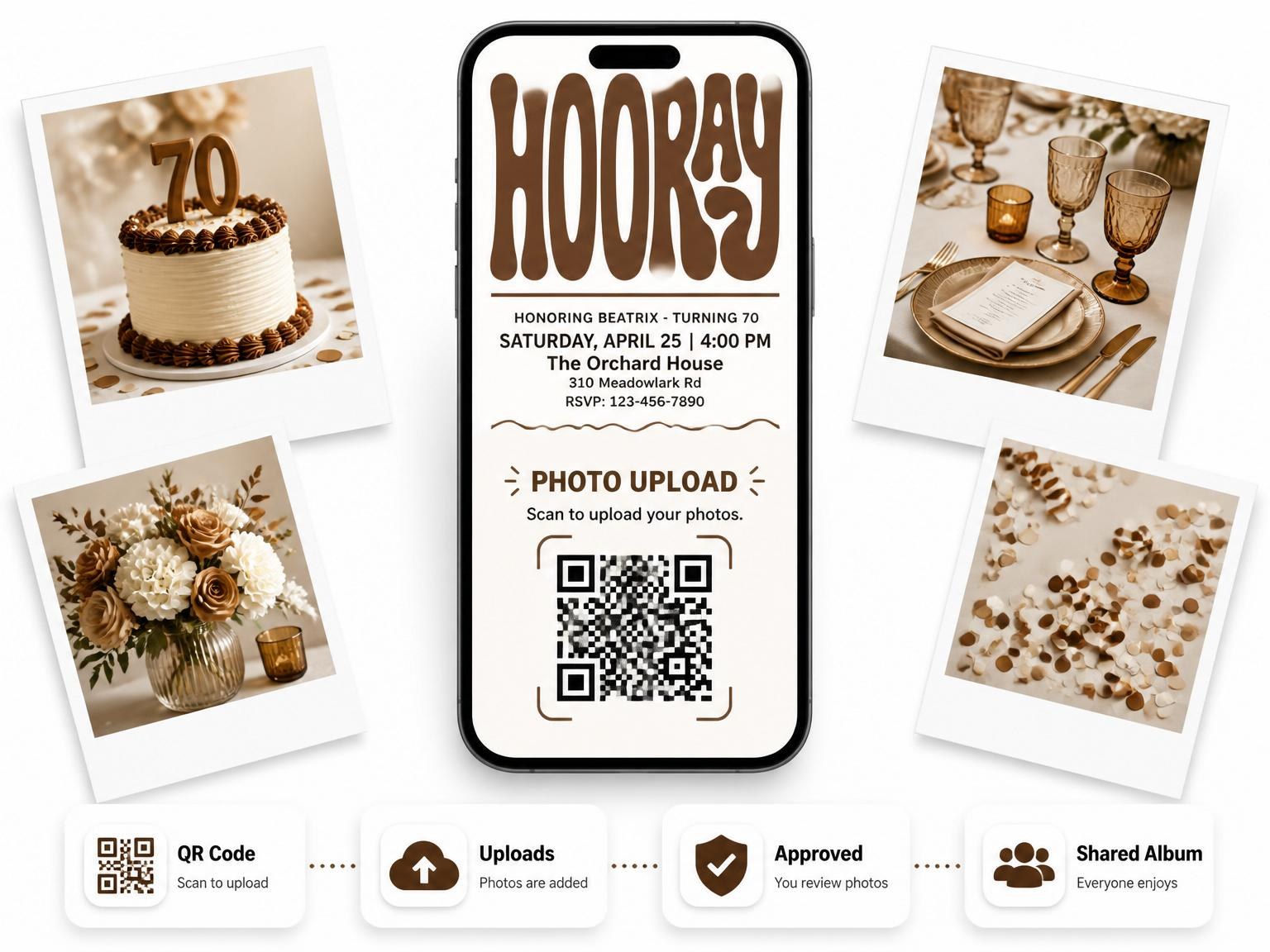 The shared photo gallery that comes with the Brown Bubble Typography 70th Birthday invitation
