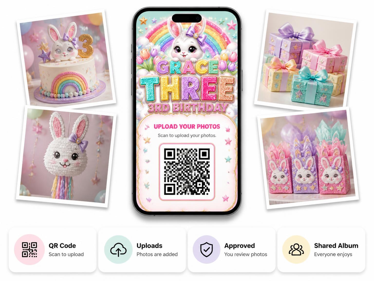The shared photo gallery that comes with the Glitter Sparkle Bunny 3rd Birthday Invitation invitation