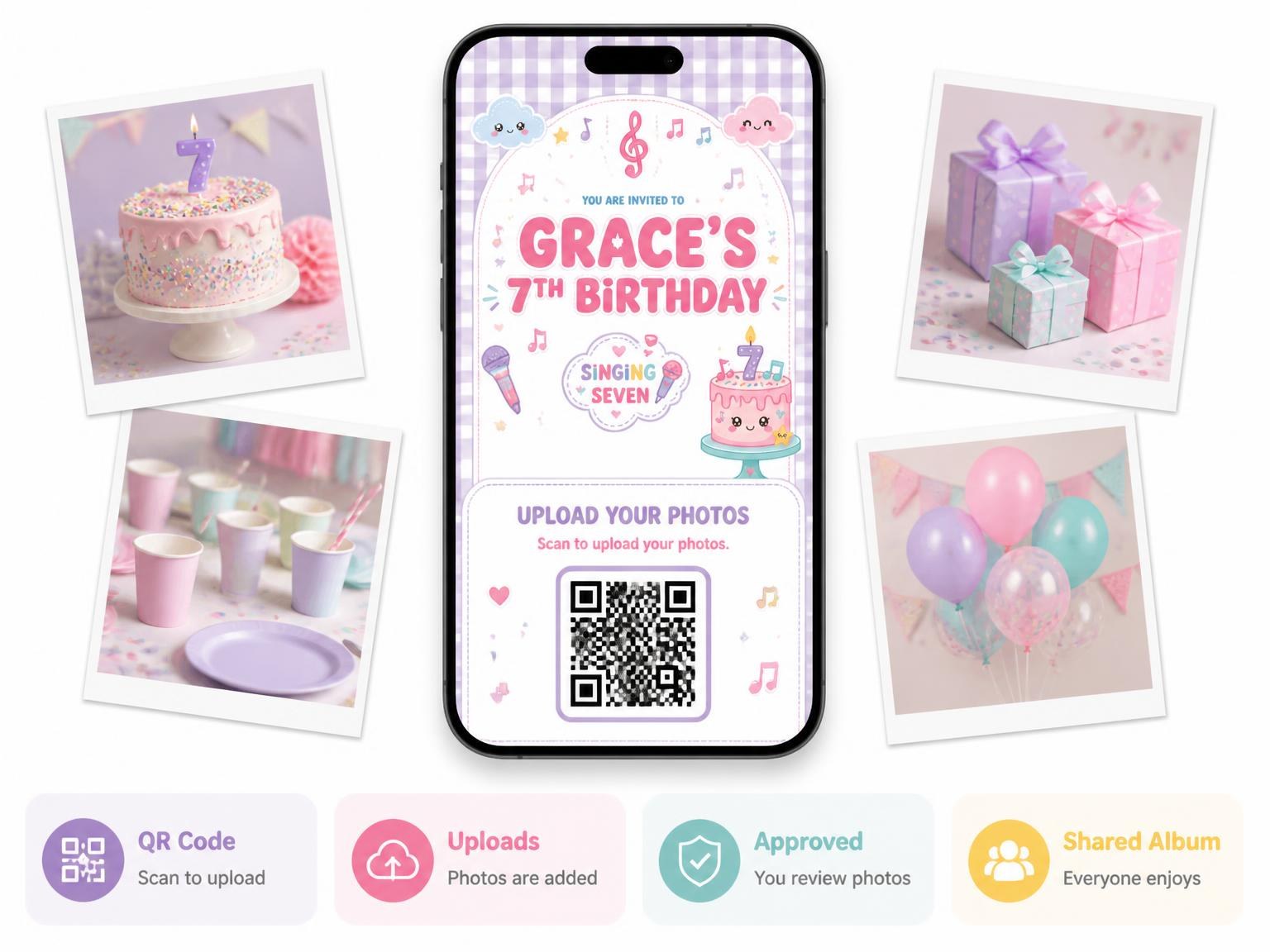 The shared photo gallery that comes with the Treble Clefs Kawaii 7th Birthday Invitation invitation