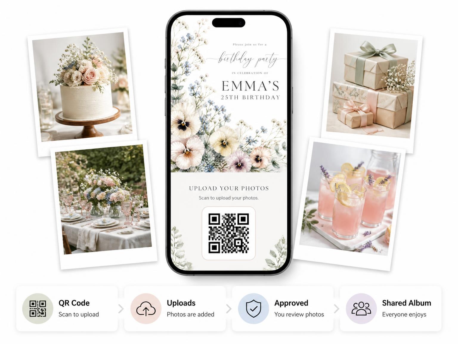 The shared photo gallery that comes with the Floral Ivory 25th Birthday Invitation invitation