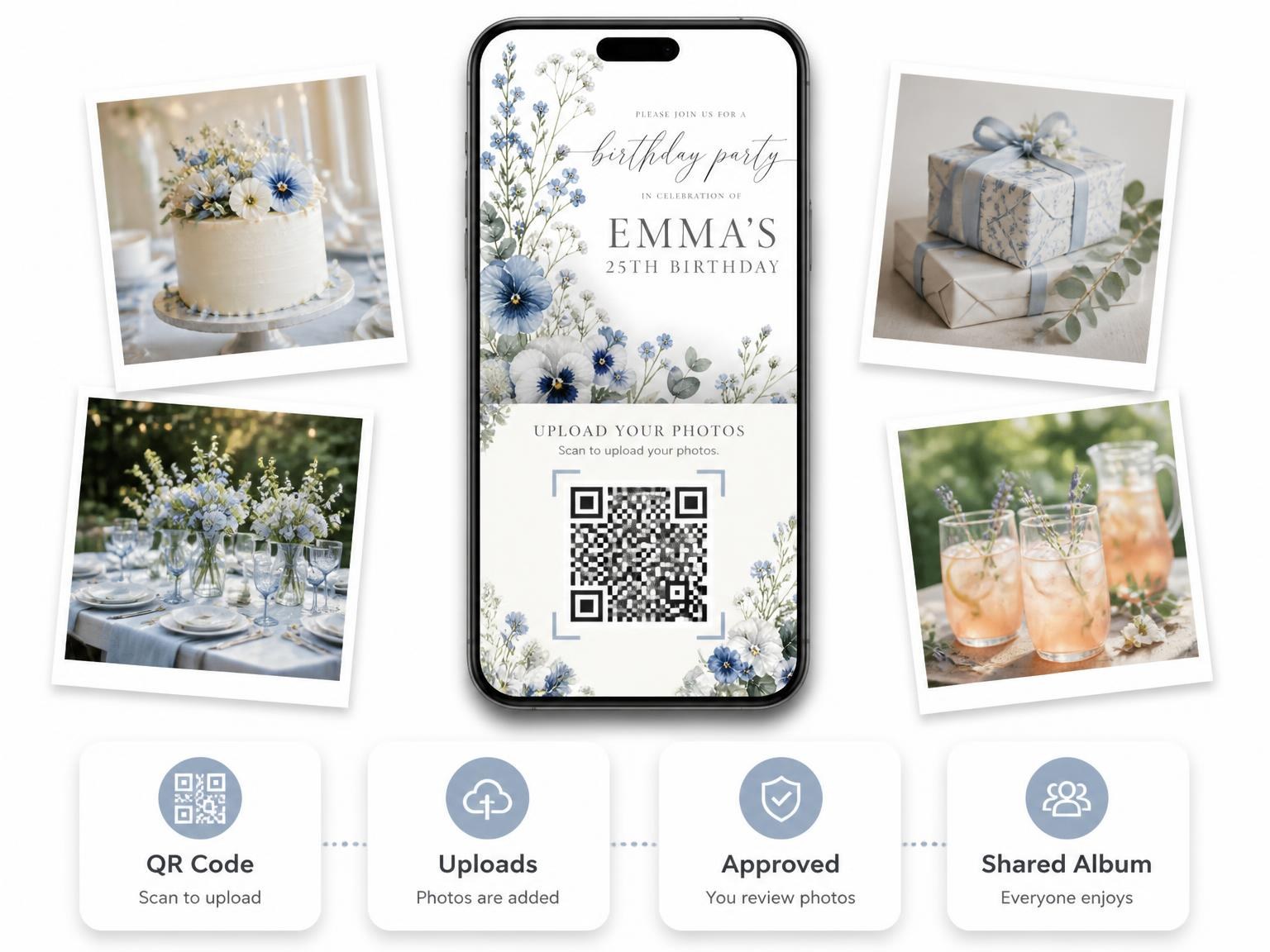 The shared photo gallery that comes with the Floral Dusty Blue 25th Birthday Invitation invitation