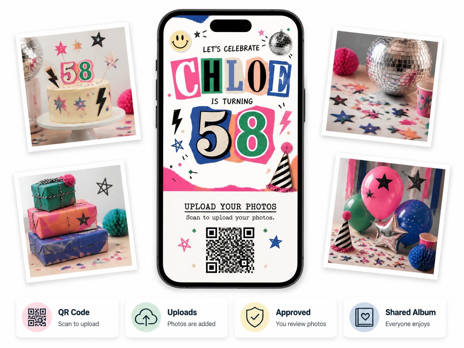 The shared photo gallery that comes with the Retro Paper Collage 58th Birthday Invitation invitation