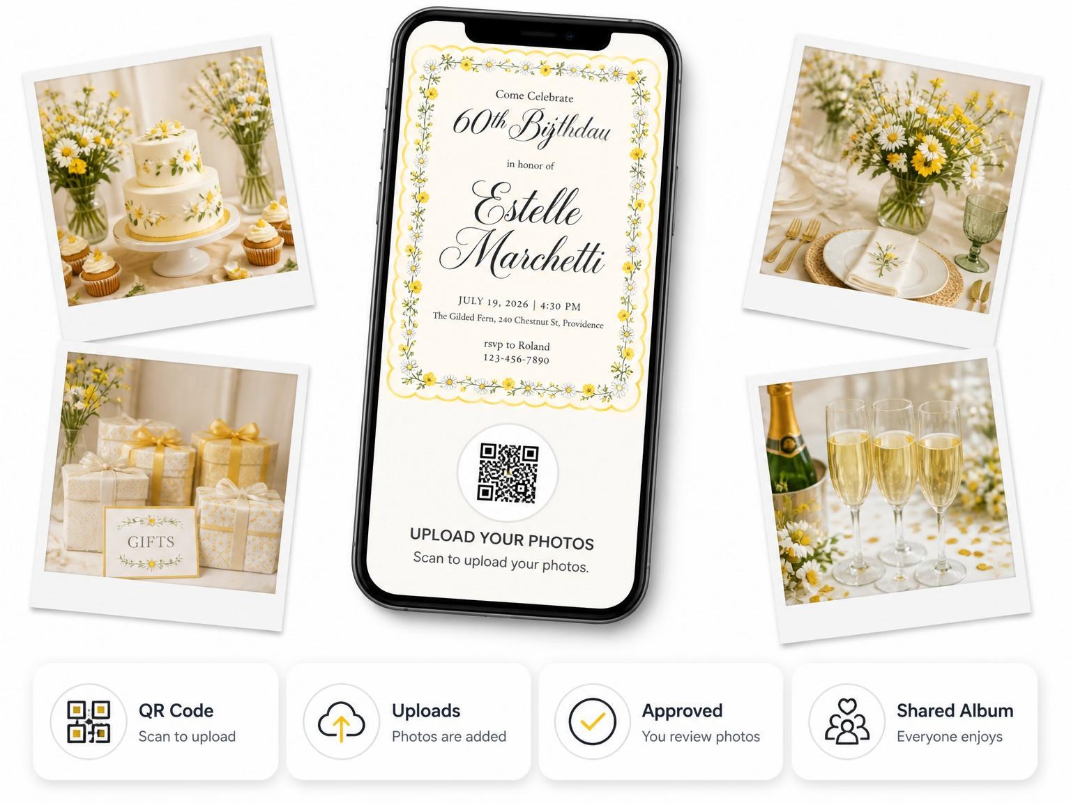 The shared photo gallery that comes with the Cream Wildflower Buttercup 60th Birthday invitation