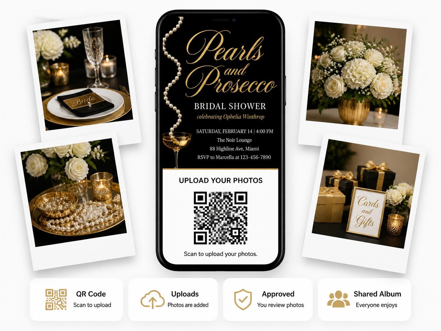 The shared photo gallery that comes with the Gold Pearl Champagne Bridal Shower invitation