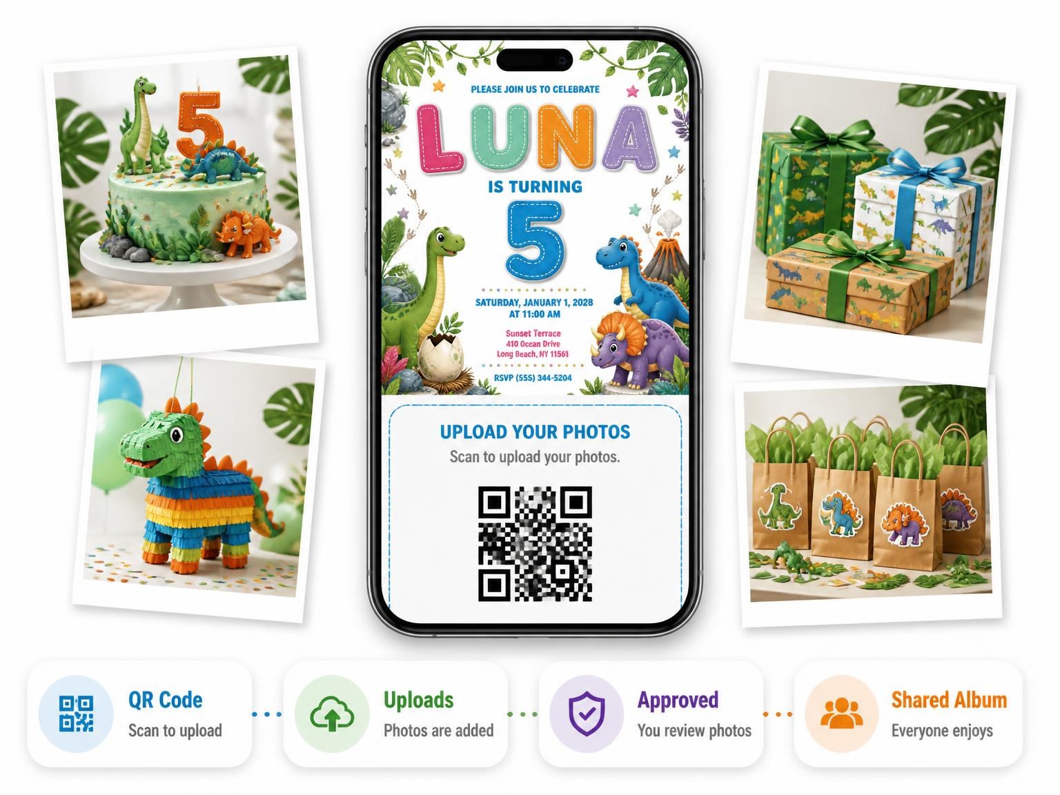 The shared photo gallery that comes with the Stitched Dinosaur 5th Birthday Invitation invitation