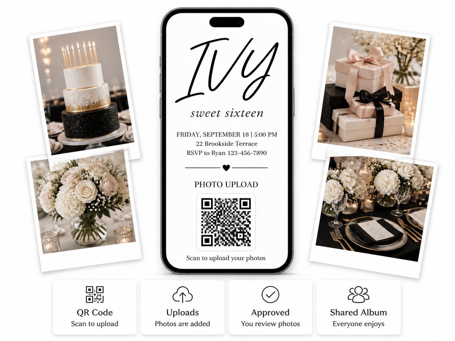 The shared photo gallery that comes with the Minimalist Black and White Sweet Sixteen invitation