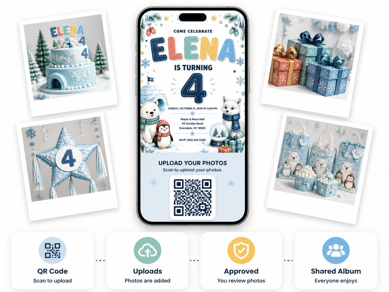 The shared photo gallery that comes with the Stitched Winter Polar 4th Birthday Invitation invitation