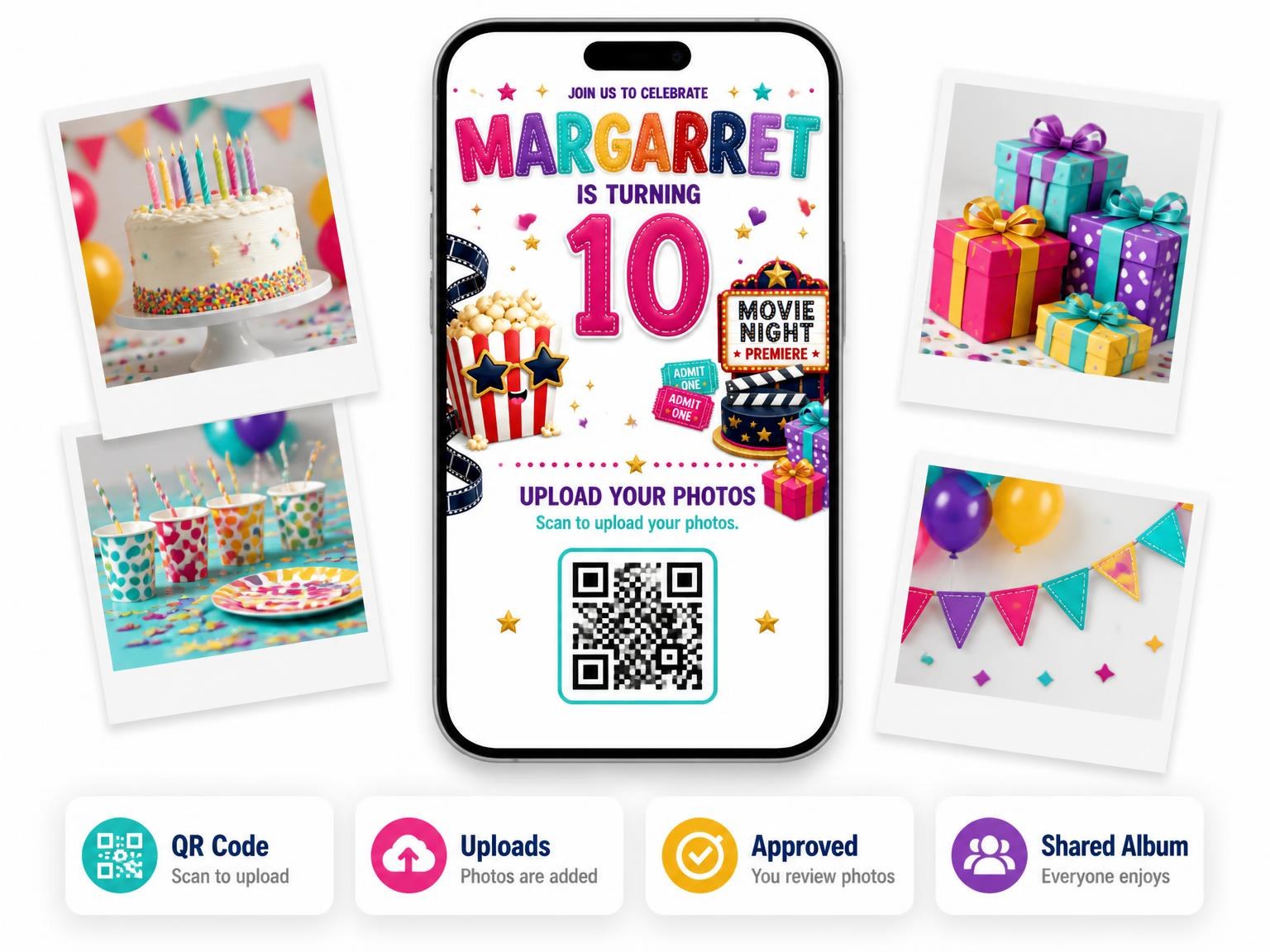 The shared photo gallery that comes with the Marquee Lightbox 10th Birthday Invitation invitation