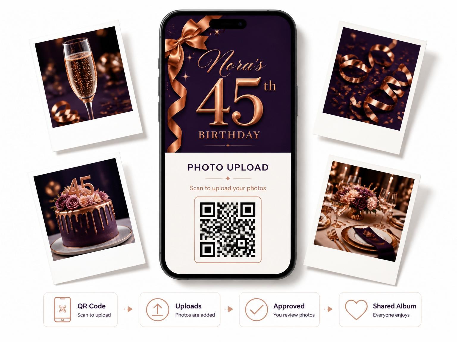 The shared photo gallery that comes with the Copper Ribbon Deep Violet Birthday invitation