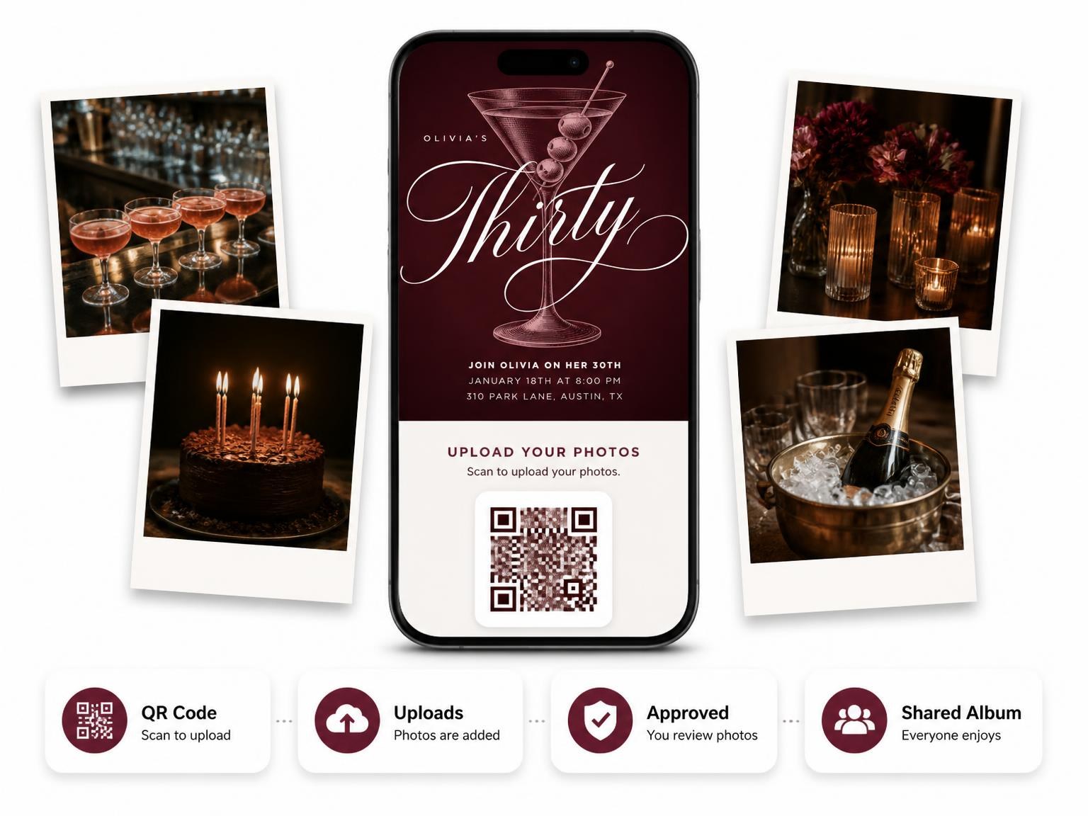 The shared photo gallery that comes with the Burgundy Cocktail 30th Birthday Invitation invitation