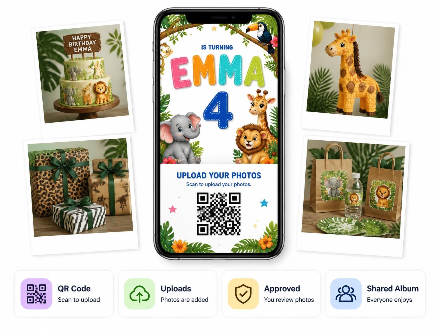 The shared photo gallery that comes with the Stitched Safari 4th Birthday Invitation invitation