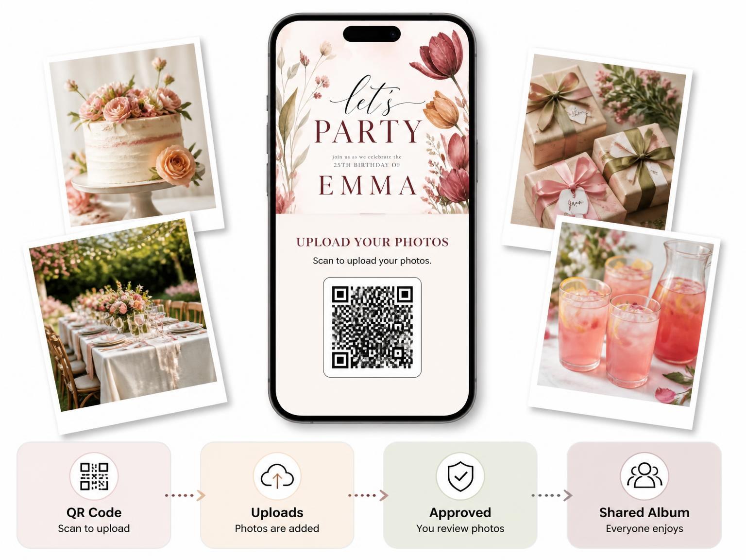 The shared photo gallery that comes with the Tulips Wildflowers Autumn 25th Birthday Invitation invitation