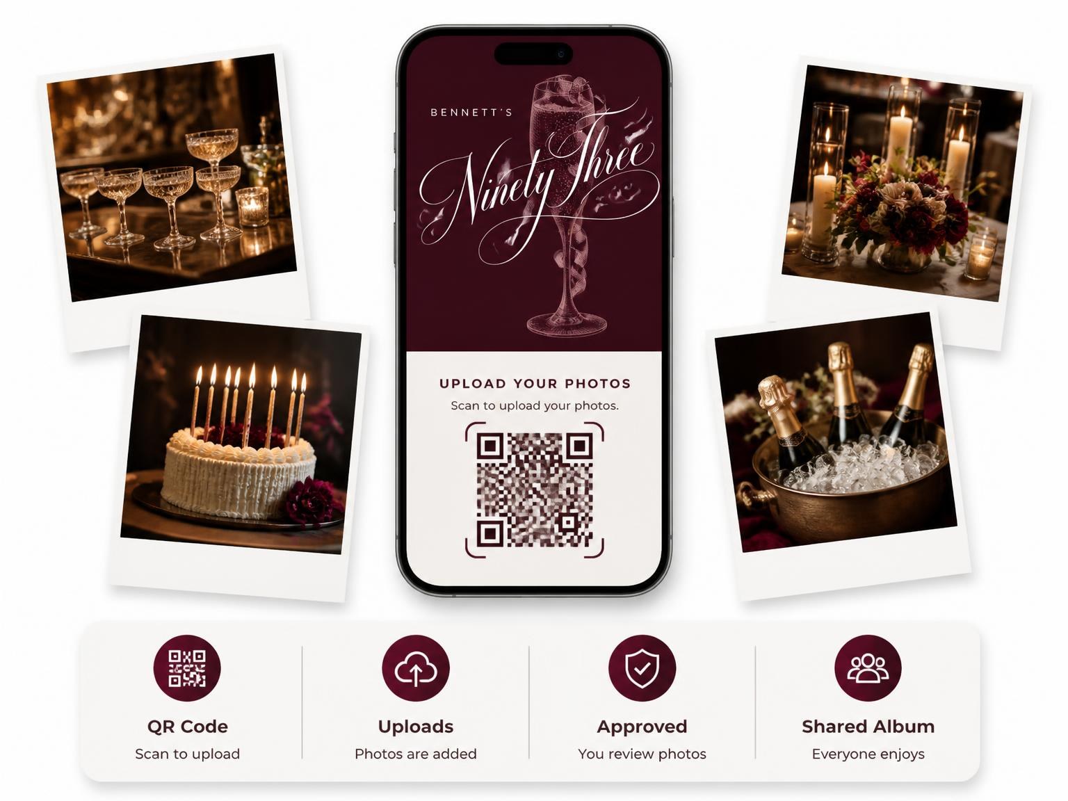 The shared photo gallery that comes with the Burgundy Cocktail 93rd Birthday Invitation invitation