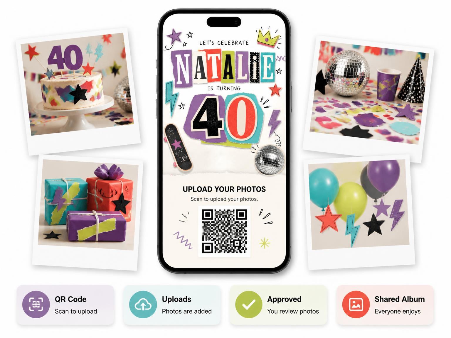The shared photo gallery that comes with the Retro Paper Collage 40th Birthday Invitation invitation