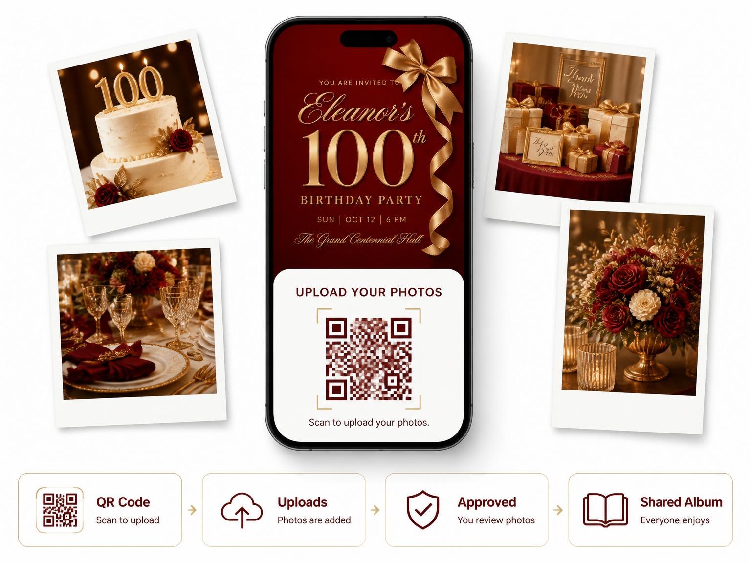 The shared photo gallery that comes with the Red Velvet Gold Ribbon 100th Birthday invitation