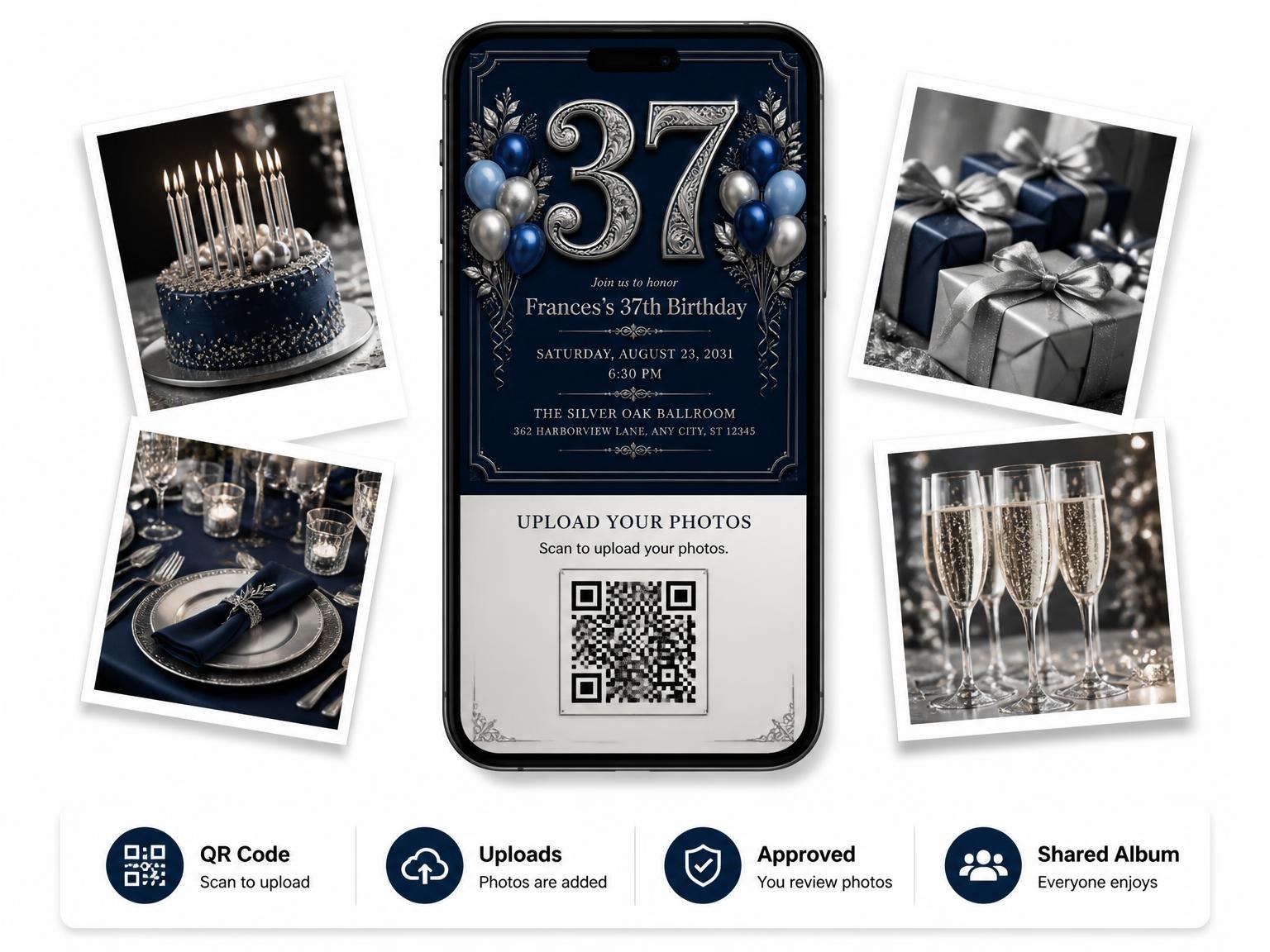 The shared photo gallery that comes with the Navy and Silver 37th Birthday Invitation invitation