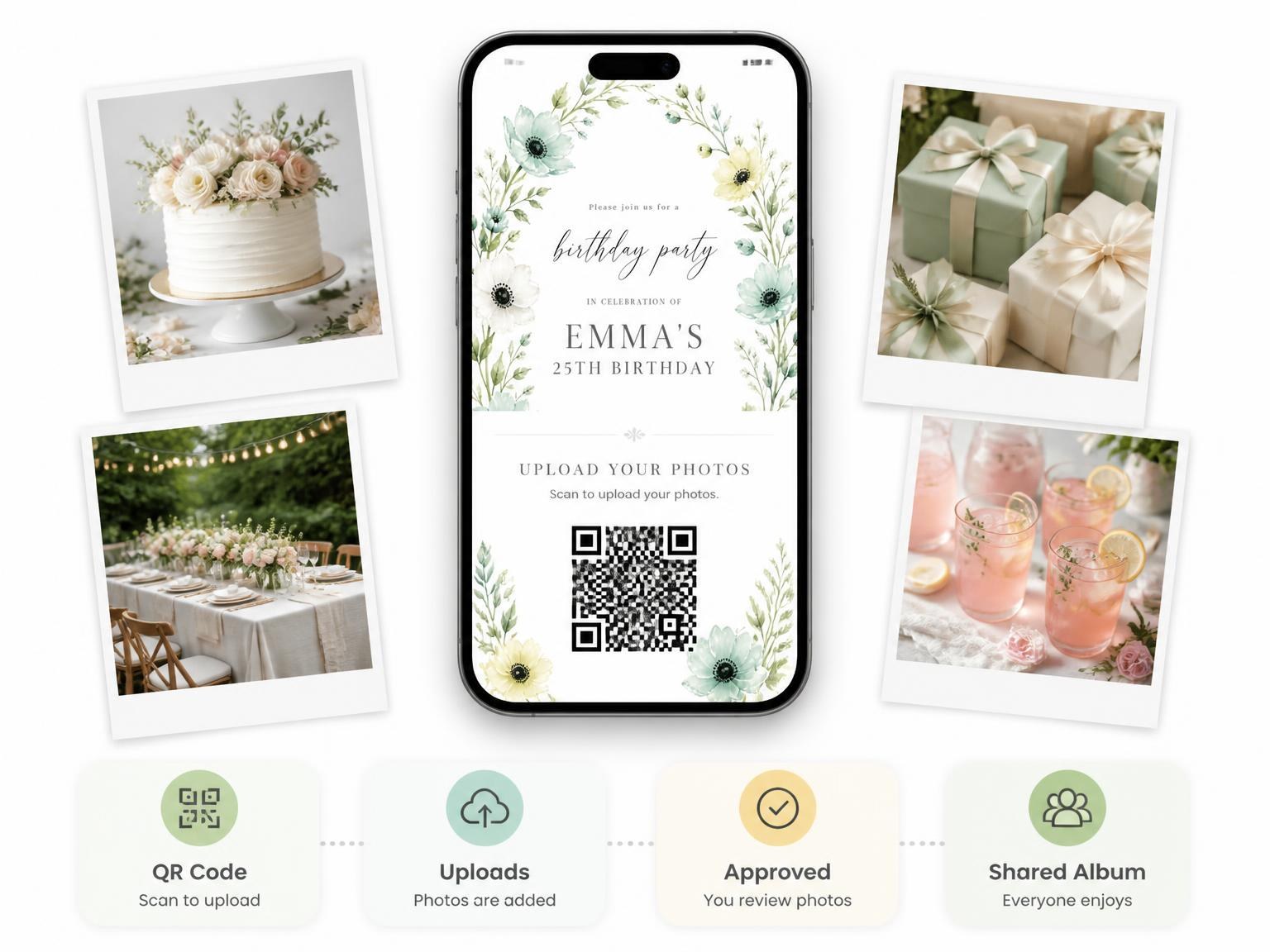 The shared photo gallery that comes with the Floral Wreath Mint 25th Birthday Invitation invitation