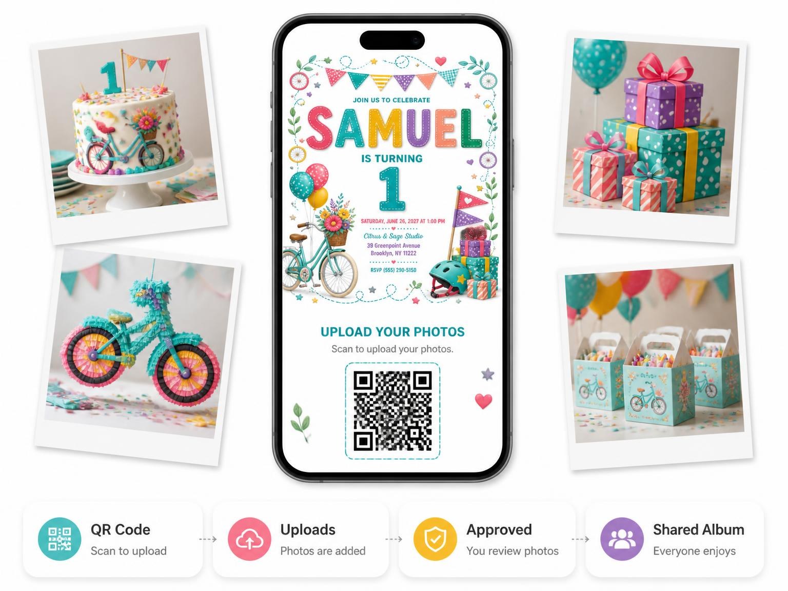 The shared photo gallery that comes with the Stitched Bike Ride 1st Birthday Invitation invitation