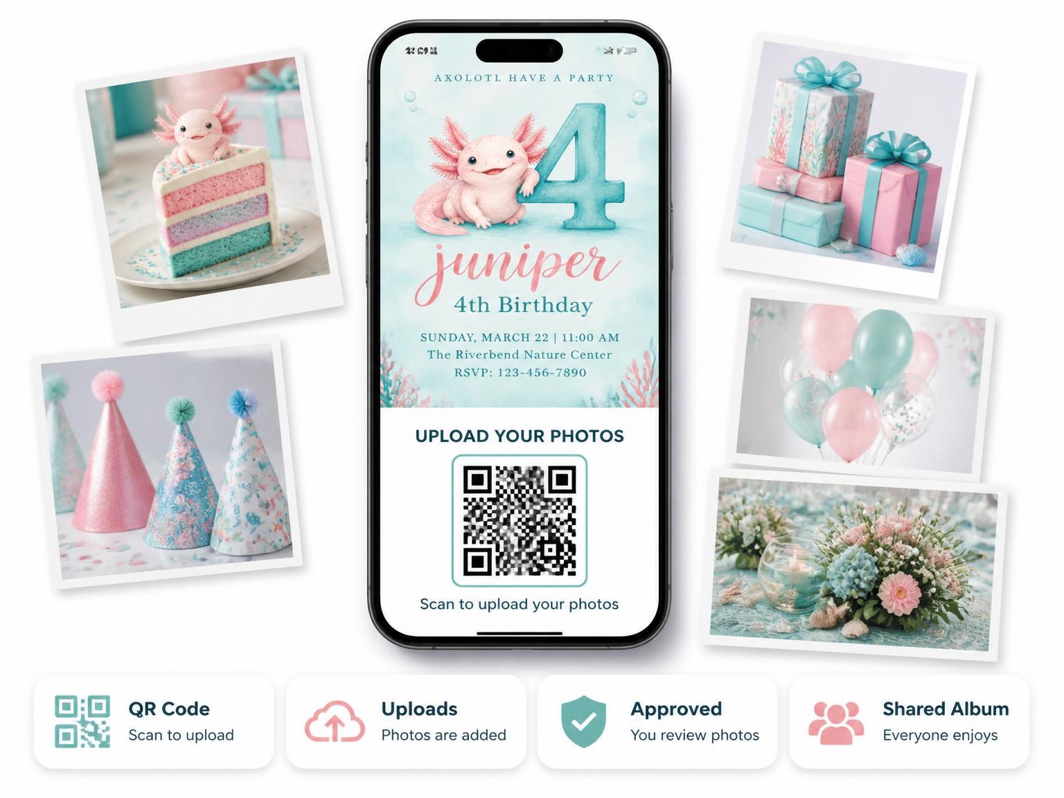 The shared photo gallery that comes with the Watercolor Axolotl 4th Birthday Invitation invitation