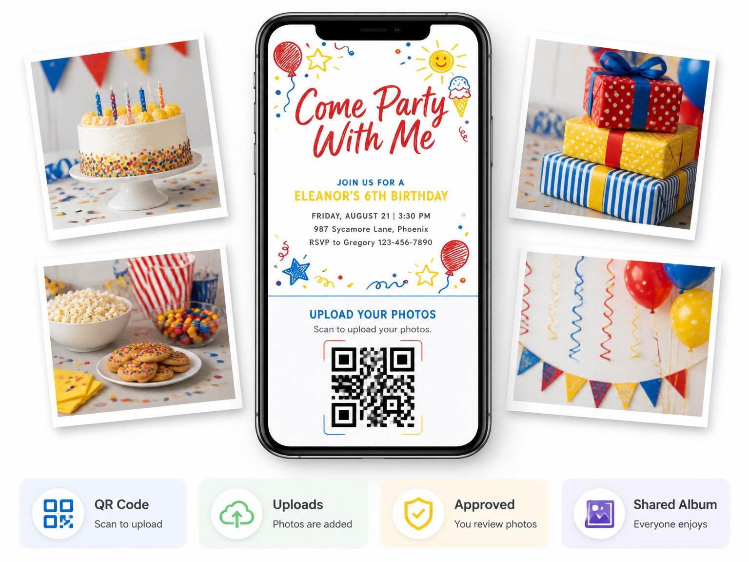 The shared photo gallery that comes with the Crayon Scribble Primary 6th Birthday Invitation invitation