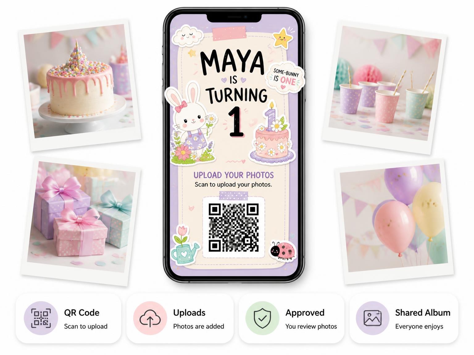 The shared photo gallery that comes with the Critters Garden Pastel 1st Birthday Invitation invitation