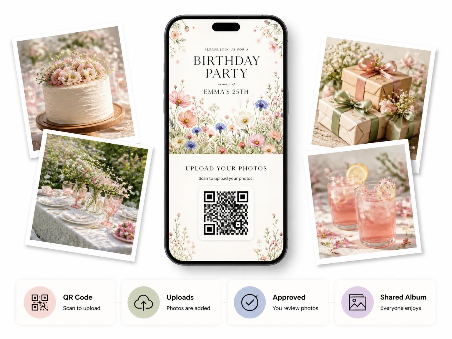 The shared photo gallery that comes with the Wildflower Meadow Blush 25th Birthday Invitation invitation