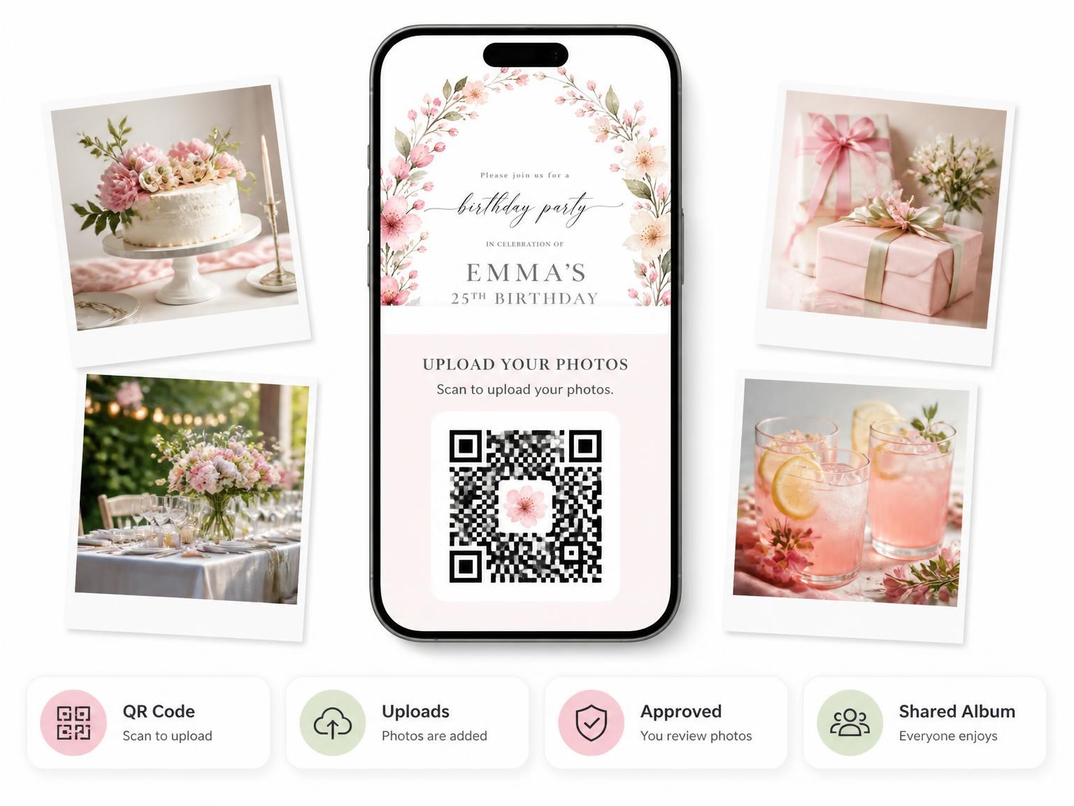 The shared photo gallery that comes with the Blossom Wreath Blush 25th Birthday Invitation invitation