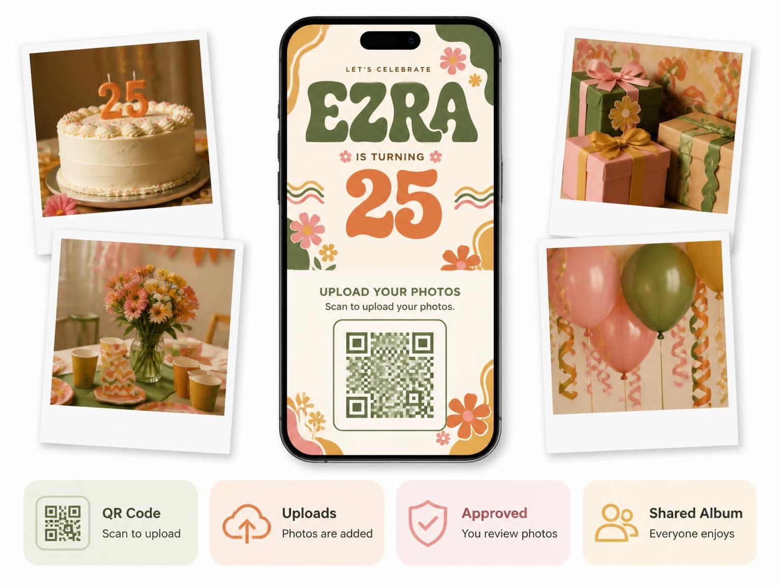 The shared photo gallery that comes with the Groovy Retro 25th Birthday Invitation invitation