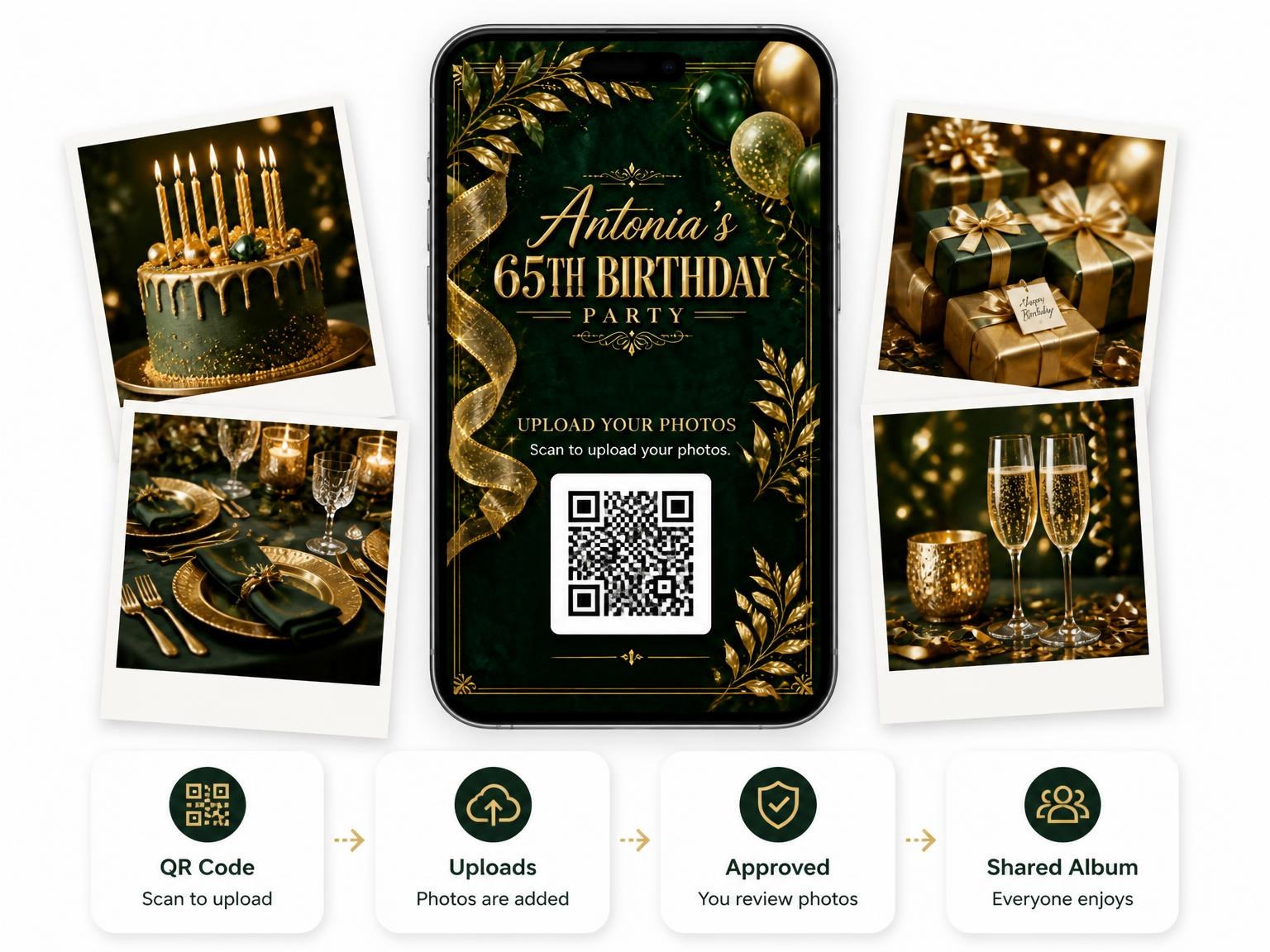 The shared photo gallery that comes with the Emerald and Champagne 65th Birthday Invitation invitation