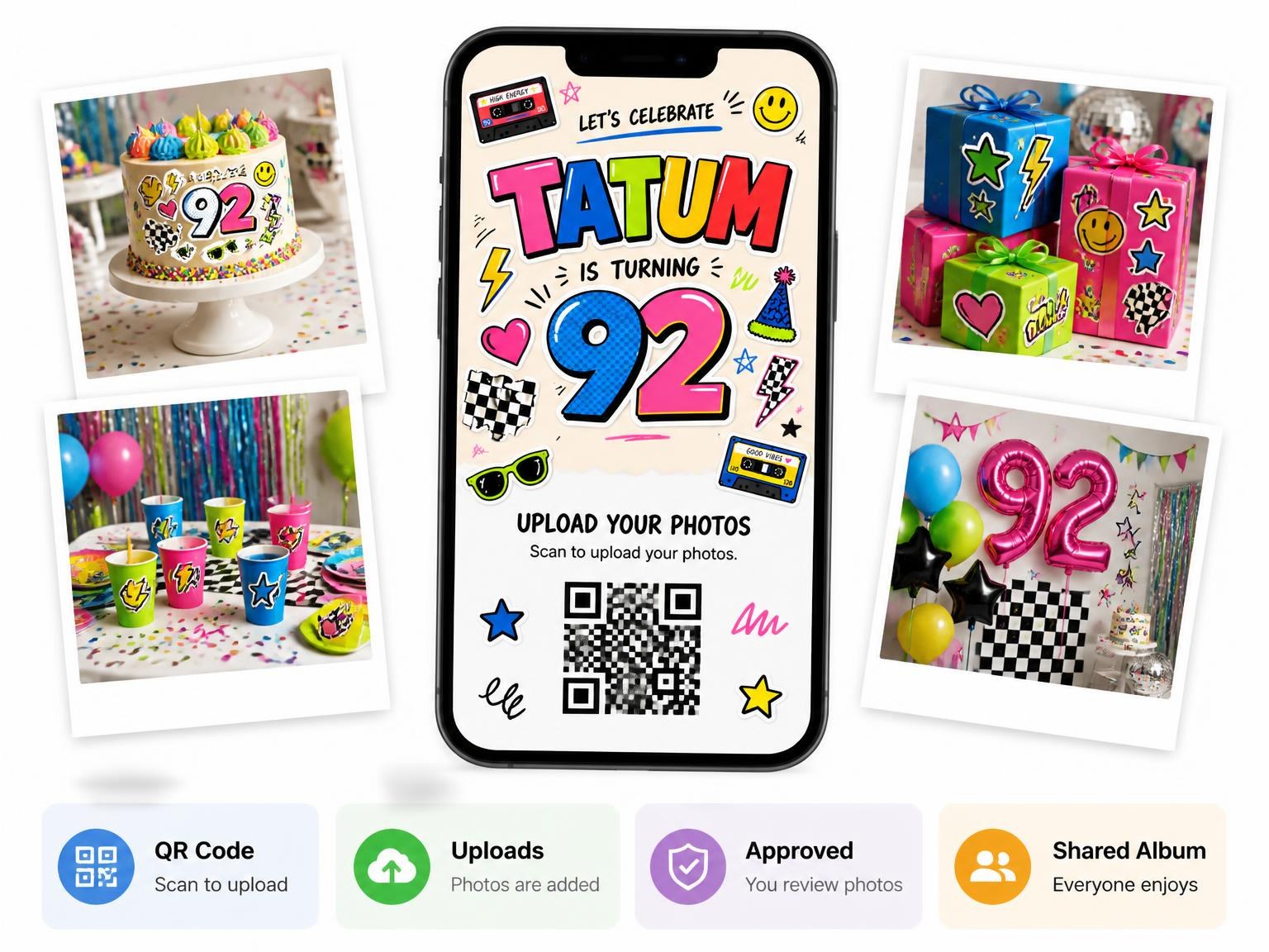 The shared photo gallery that comes with the Sticker Pop 92nd Birthday Invitation invitation