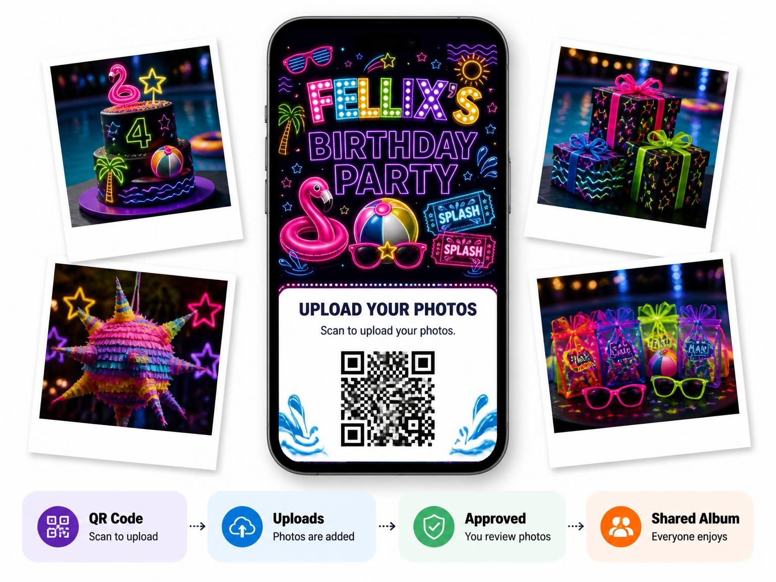 The shared photo gallery that comes with the Neon Pool Party 4th Birthday Invitation invitation