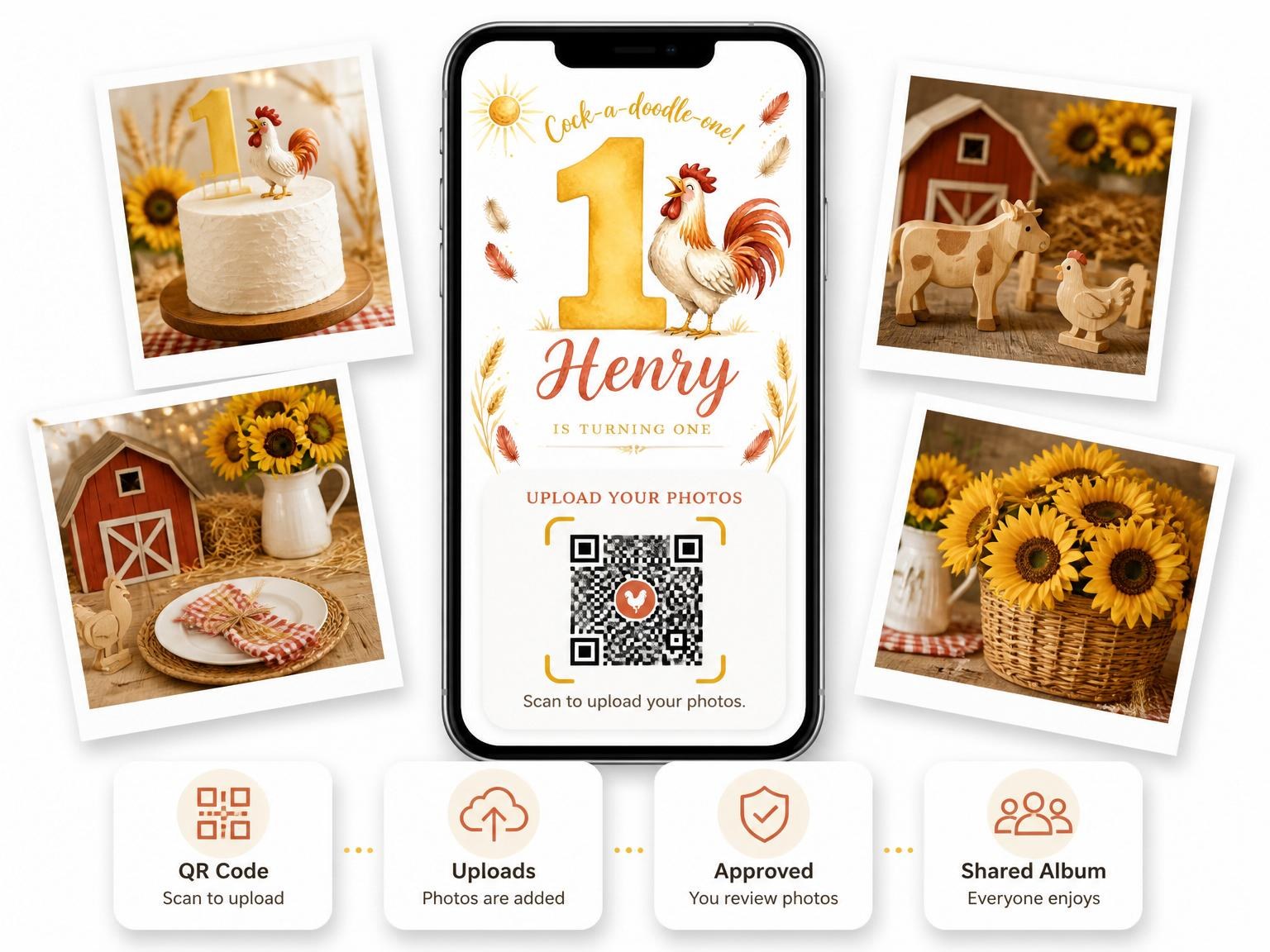 The shared photo gallery that comes with the Watercolor Rooster Farm 1st Birthday invitation