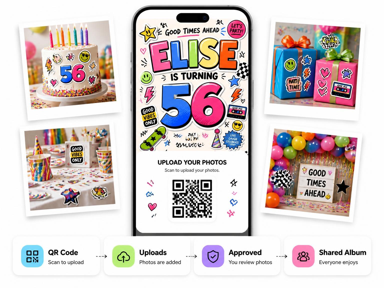 The shared photo gallery that comes with the Sticker Pop 56th Birthday Invitation invitation
