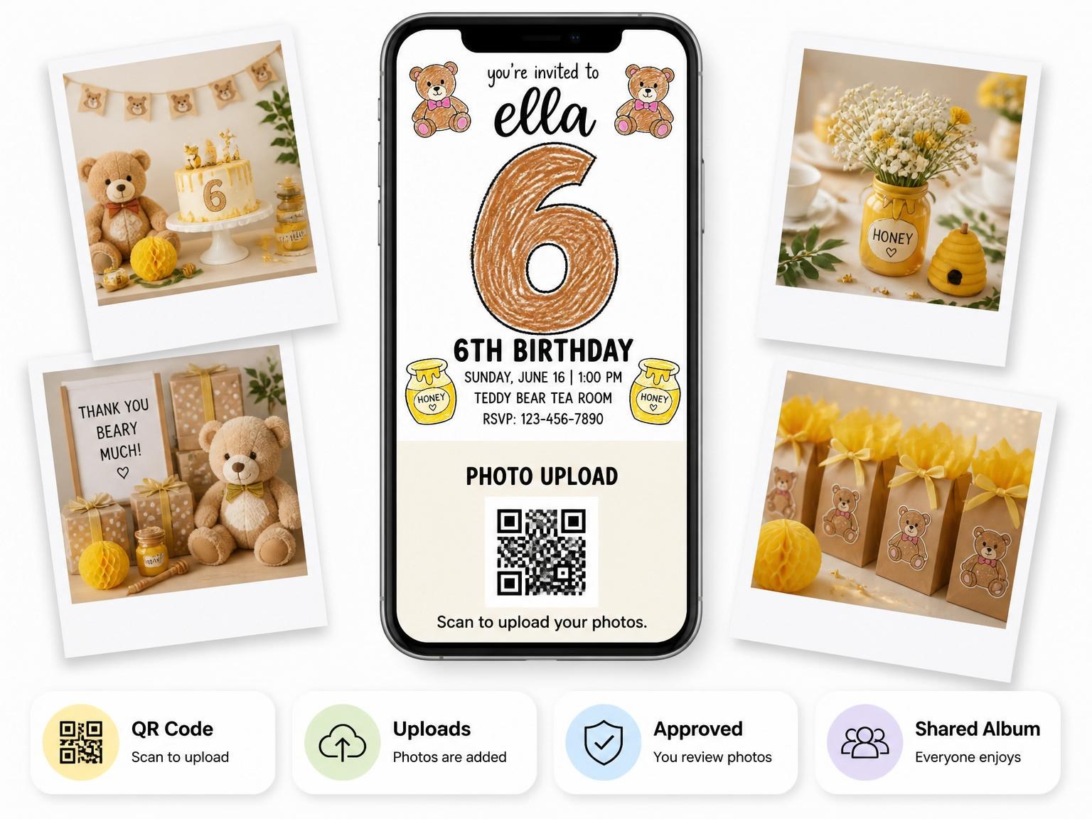 The shared photo gallery that comes with the Crayon Teddy Bear 6th Birthday invitation