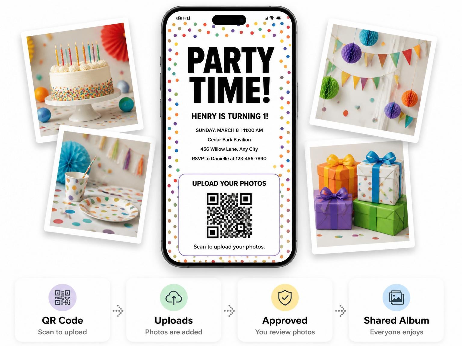 The shared photo gallery that comes with the Rainbow Confetti Border 1st Birthday invitation