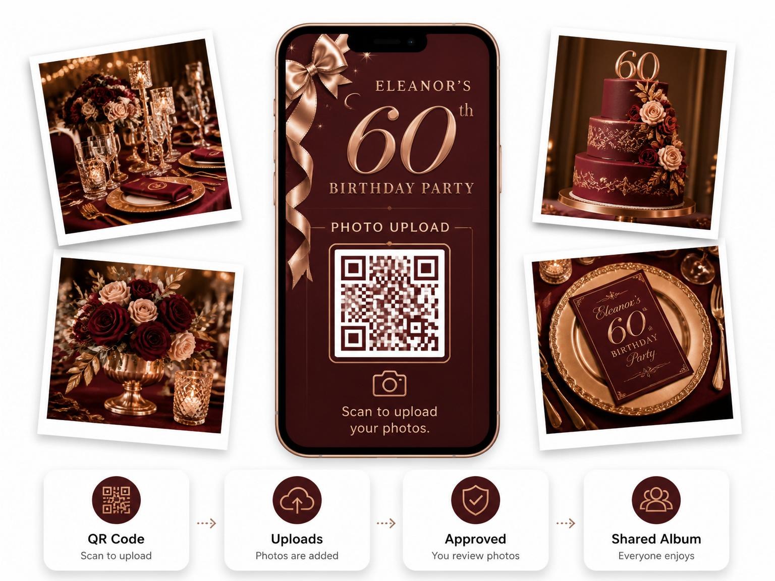 The shared photo gallery that comes with the Burgundy Rose-Gold Ribbon 60th Birthday invitation