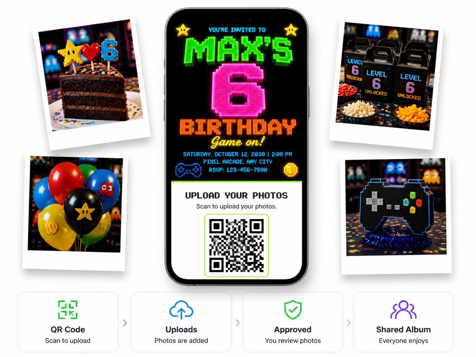 The shared photo gallery that comes with the Neon Pixel Arcade 6th Birthday Invitation invitation