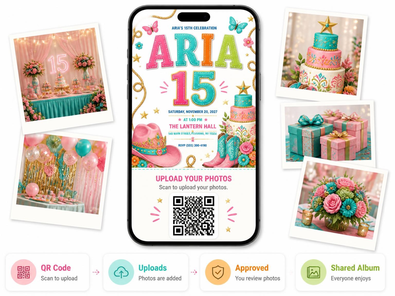 The shared photo gallery that comes with the Pink Cowgirl Rodeo 15th Birthday Invitation invitation