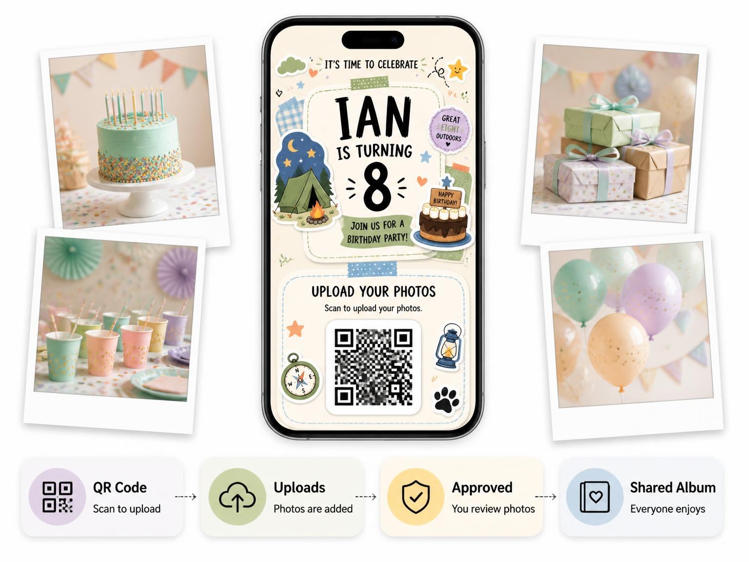 The shared photo gallery that comes with the Camping Tent Pastel 8th Birthday Invitation invitation