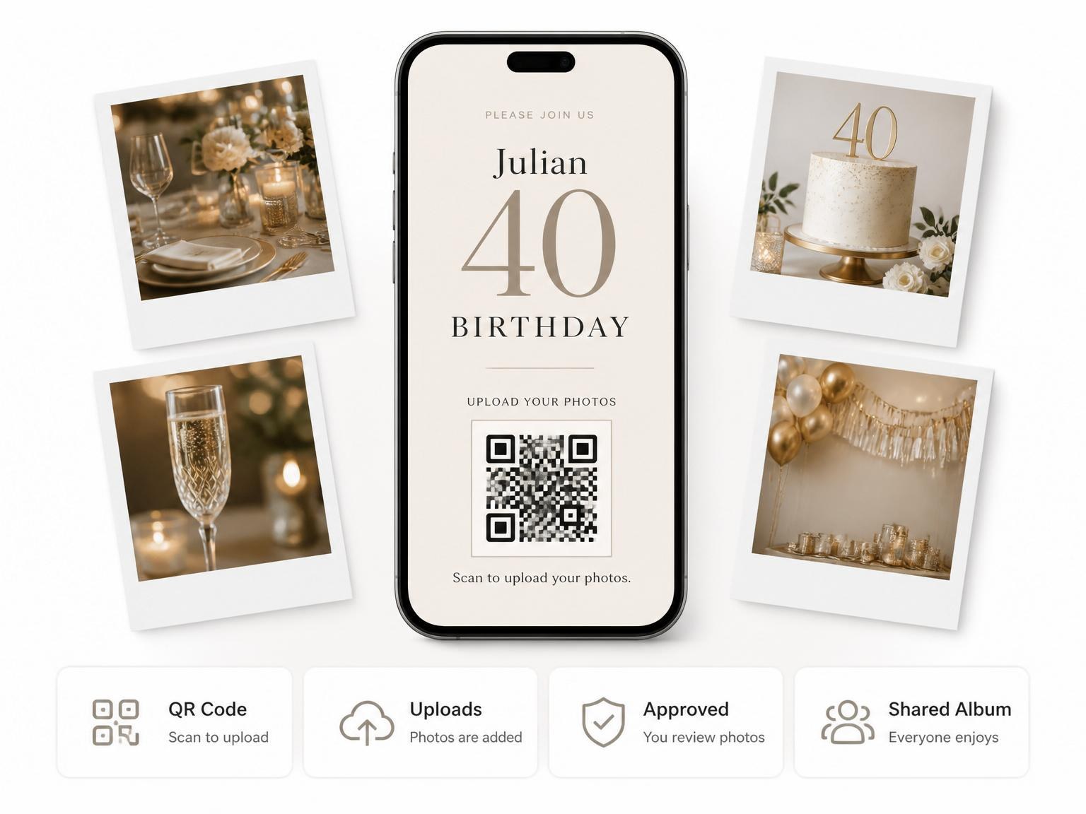The shared photo gallery that comes with the Beige Serif Minimalist 40th Birthday invitation