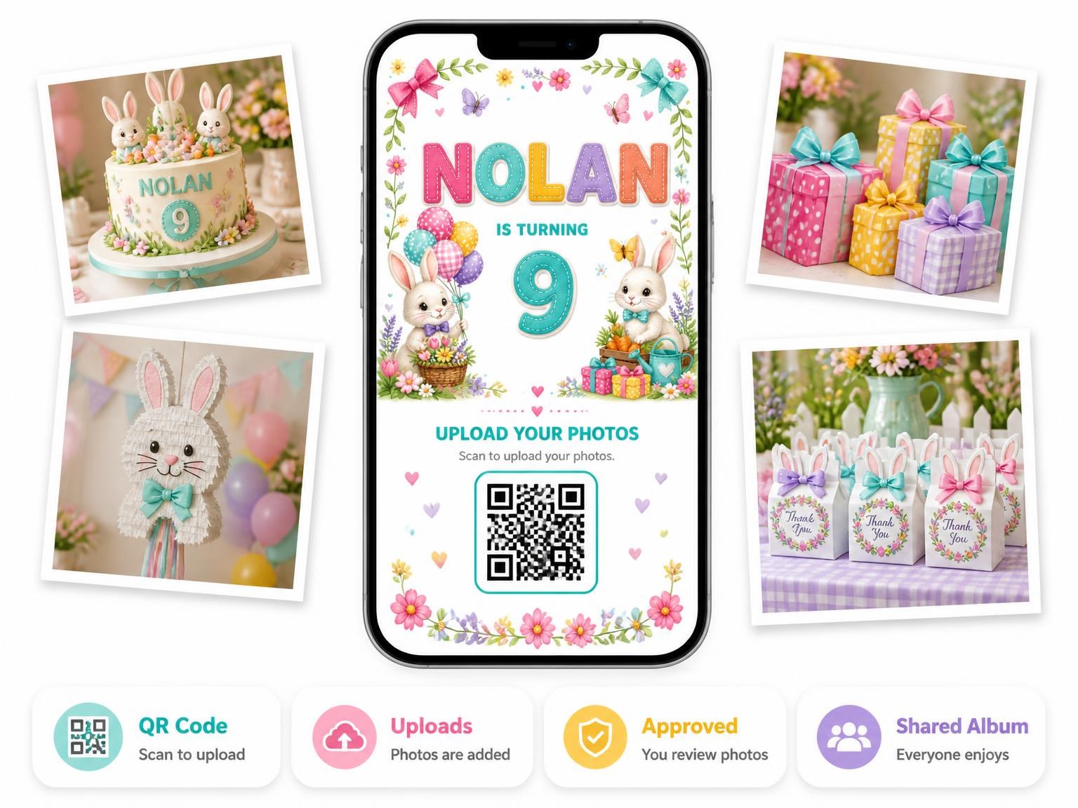 The shared photo gallery that comes with the Stitched Bunny Garden 9th Birthday Invitation invitation