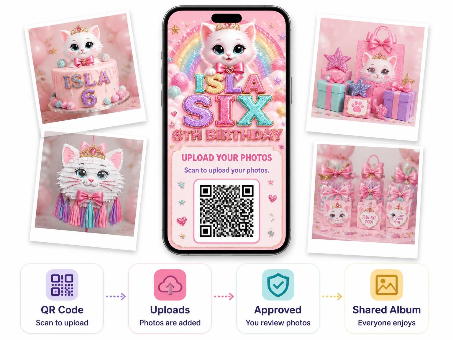The shared photo gallery that comes with the Glitter Kitty Cat 6th Birthday Invitation invitation