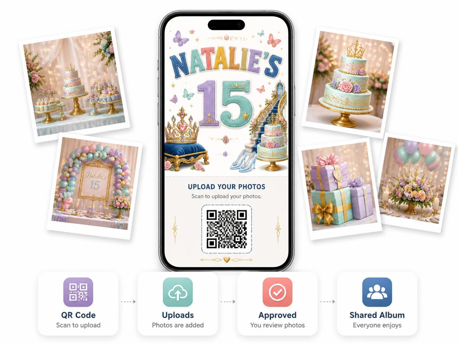 The shared photo gallery that comes with the Royal Tiara Quinceañera Invitation invitation